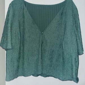 Cider Textured V Neck Button Down Teal Blouse